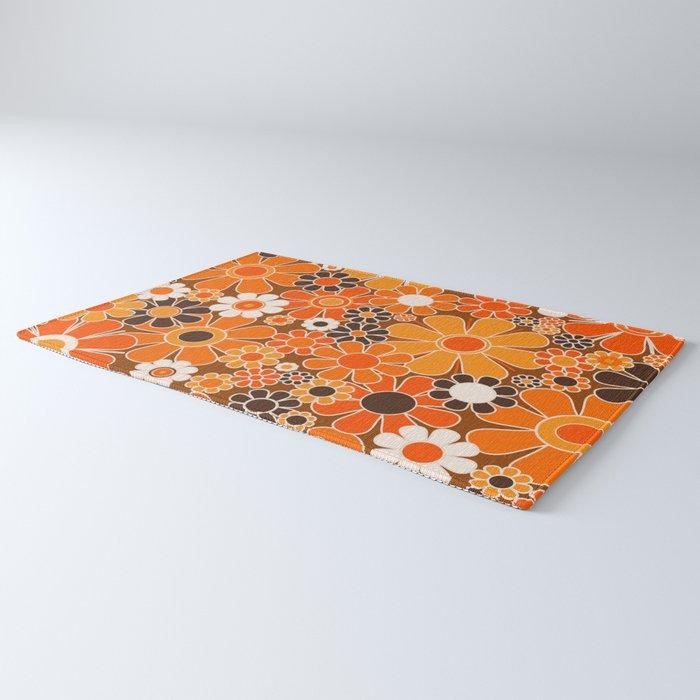 Retro Garden Flowers Groovy Floral Cheerful 60s 70s Pattern in 1970s Orange Brown Cream Beige Rug Gallery Image 3