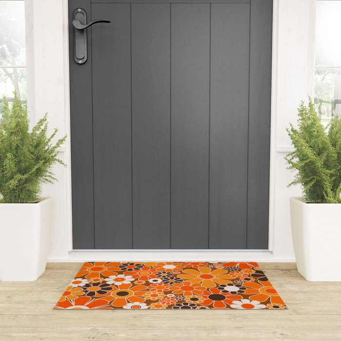 Retro Garden Flowers Groovy Floral Cheerful 60s 70s Pattern in 1970s Orange Brown Cream Beige Welcome Mat Gallery Image 3