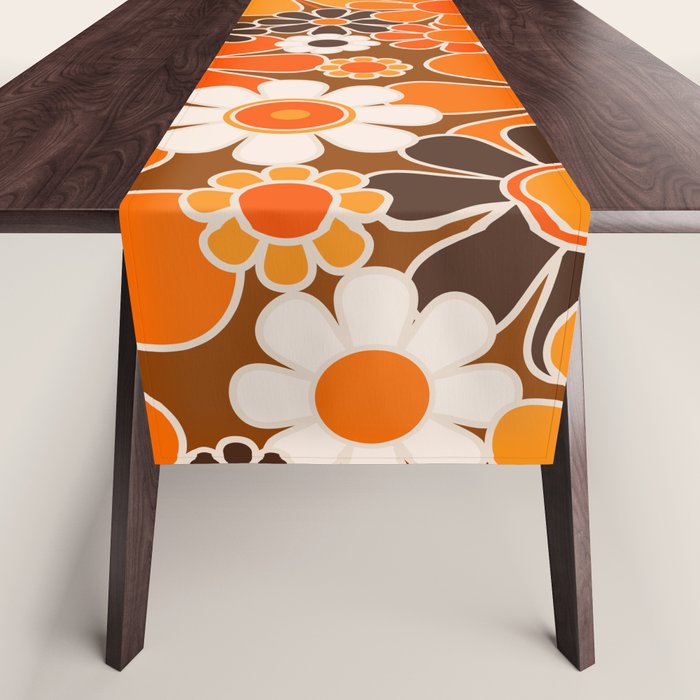 Retro Garden Flowers Groovy Floral Cheerful 60s 70s Pattern in 1970s Orange Brown Cream Beige Table Runner Gallery Image 1