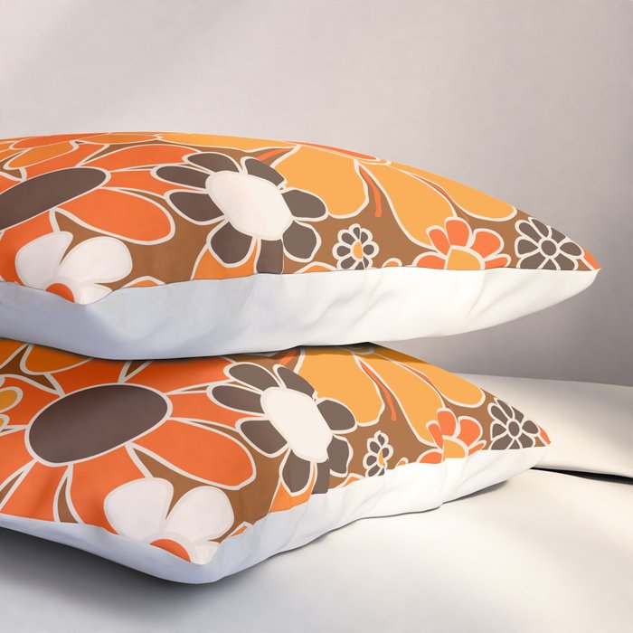 Retro Garden Flowers Groovy Floral Cheerful 60s 70s Pattern in 1970s Orange Brown Cream Beige Pillow Sham Gallery Image 3