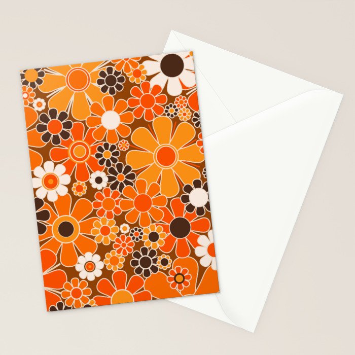 Retro Garden Flowers Groovy Floral Cheerful 60s 70s Pattern in 1970s Orange Brown Cream Beige Stationery Card Gallery Image 2