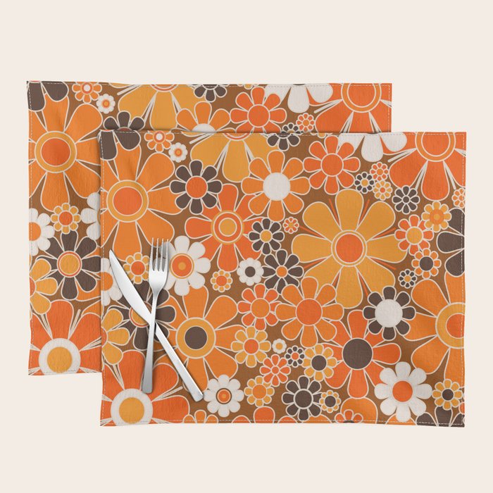 Retro Garden Flowers Groovy Floral Cheerful 60s 70s Pattern in 1970s Orange Brown Cream Beige Placemat Gallery Image 1