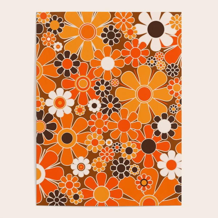Retro Garden Flowers Groovy Floral Cheerful 60s 70s Pattern in 1970s Orange Brown Cream Beige Poster Gallery Image 1