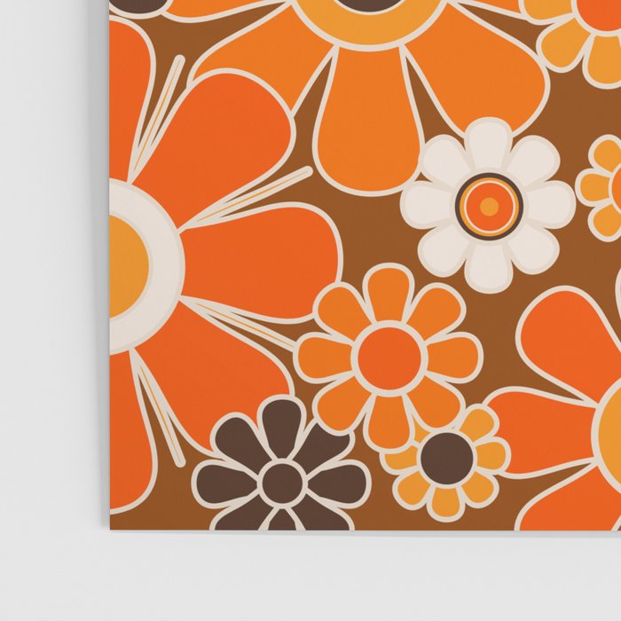 Retro Garden Flowers Groovy Floral Cheerful 60s 70s Pattern in 1970s Orange Brown Cream Beige Poster Gallery Image 3