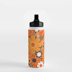 Retro Garden Flowers Groovy Floral Cheerful 60s 70s Pattern in 1970s Orange Brown Cream Beige Water Bottle Gallery Image 2