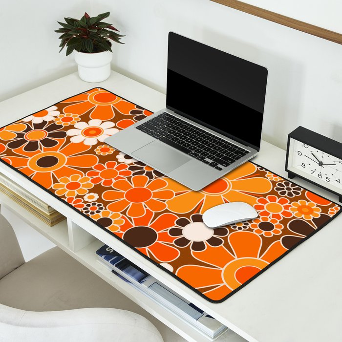 Retro Garden Flowers Groovy Floral Cheerful 60s 70s Pattern in 1970s Orange Brown Cream Beige Desk Mat Gallery Image 2