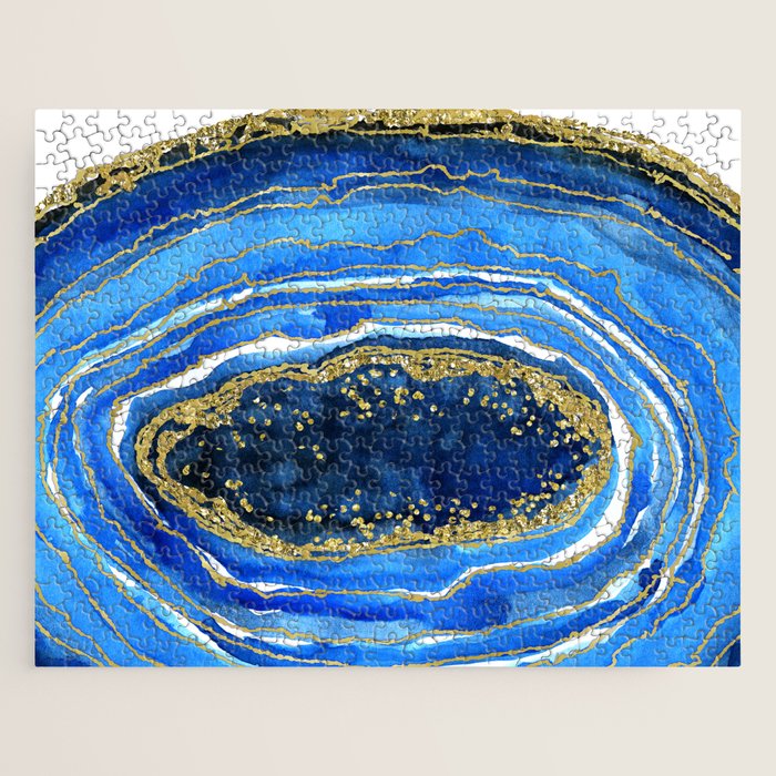 Cobalt blue and gold geode in watercolor (2) Jigsaw Puzzle
