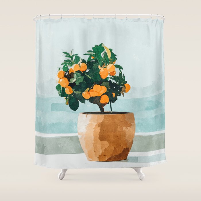 Orange Tree, Plant Pot Nature Botanical Bonsi Illustration, Modern Simple Bohemian Painting Shower Curtain Gallery Image 1