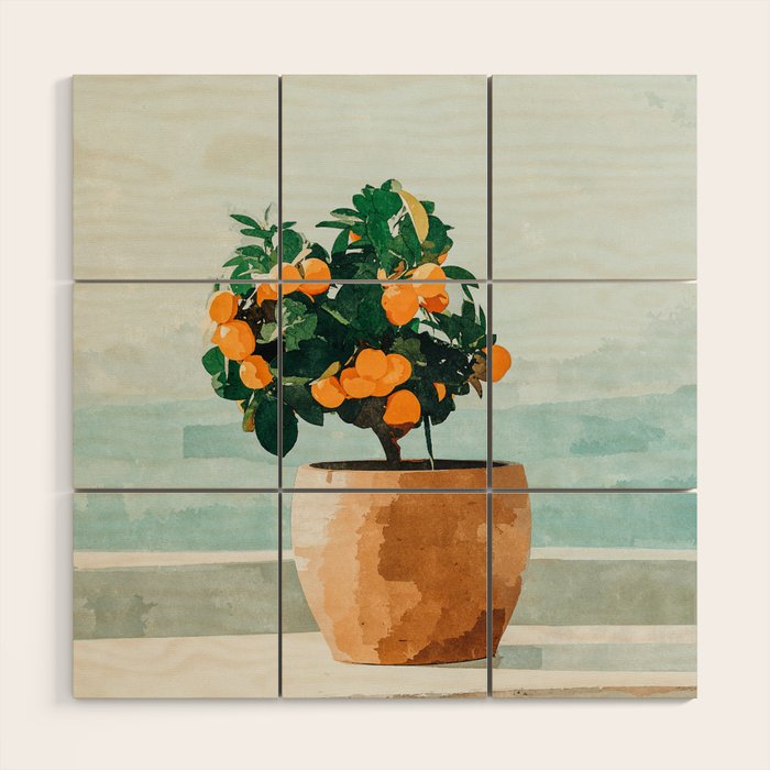 Orange Tree, Plant Pot Nature Botanical Bonsi Illustration, Modern Simple Bohemian Painting Wood Wall Art Gallery Image 1
