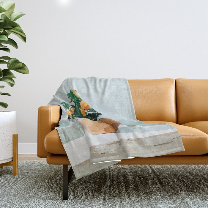 Orange Tree, Plant Pot Nature Botanical Bonsi Illustration, Modern Simple Bohemian Painting Throw Blanket Gallery Image 1