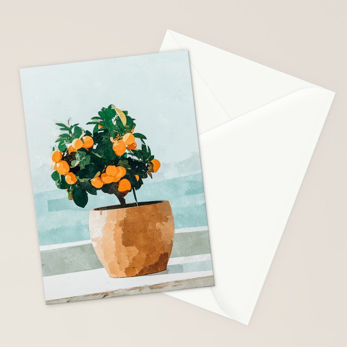 Orange Tree, Plant Pot Nature Botanical Bonsi Illustration, Modern Simple Bohemian Painting Stationery Card Gallery Image 2