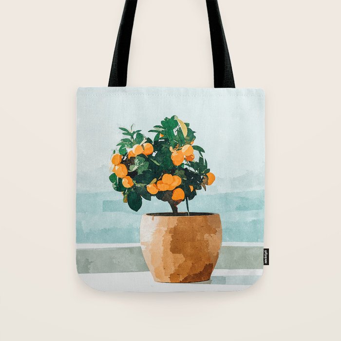 Orange Tree, Plant Pot Nature Botanical Bonsi Illustration, Modern Simple Bohemian Painting Tote Bag Gallery Image 1