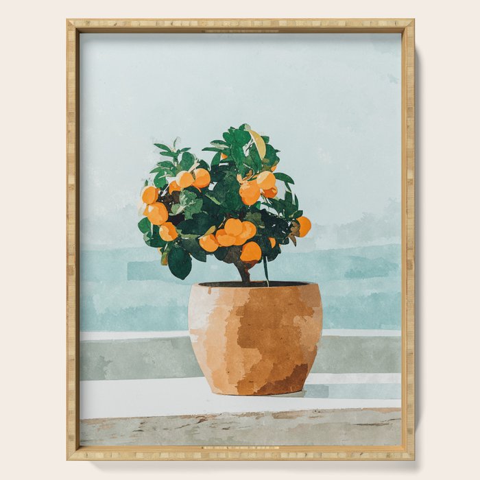 Orange Tree, Plant Pot Nature Botanical Bonsi Illustration, Modern Simple Bohemian Painting Serving Tray Gallery Image 1