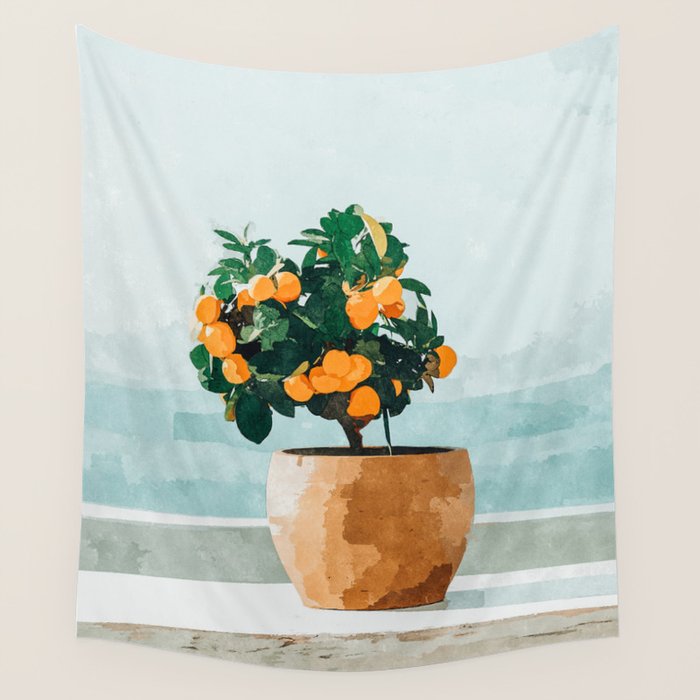 Orange Tree, Plant Pot Nature Botanical Bonsi Illustration, Modern Simple Bohemian Painting Wall Tapestry Gallery Image 1