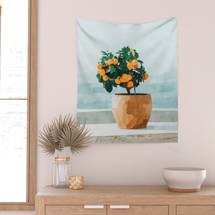 Orange Tree, Plant Pot Nature Botanical Bonsi Illustration, Modern Simple Bohemian Painting Wall Tapestry Gallery Image 2