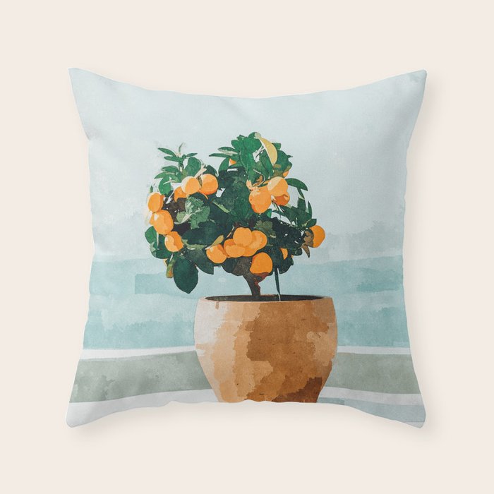 Orange Tree, Plant Pot Nature Botanical Bonsi Illustration, Modern Simple Bohemian Painting Throw Pillow Gallery Image 6