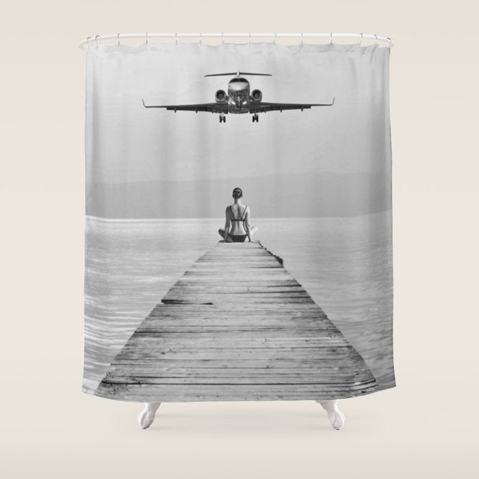 Steady As She Goes 6; aircraft coming in for an island landing female in bikini black and white photography - photographs - photograph Shower Curtain Gallery Image 1