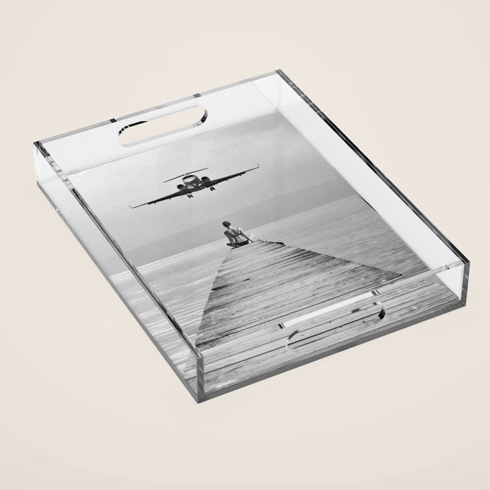 Steady As She Goes 6; aircraft coming in for an island landing female in bikini black and white photography - photographs - photograph Acrylic Tray Gallery Image 1