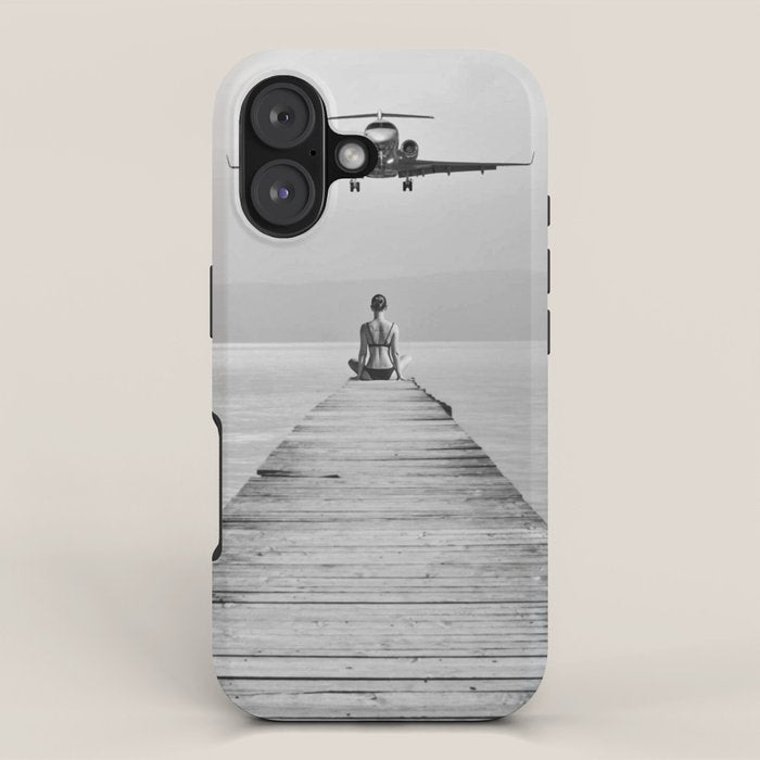 Steady As She Goes 6; aircraft coming in for an island landing female in bikini black and white photography - photographs - photograph iPhone Case Gallery Image 1