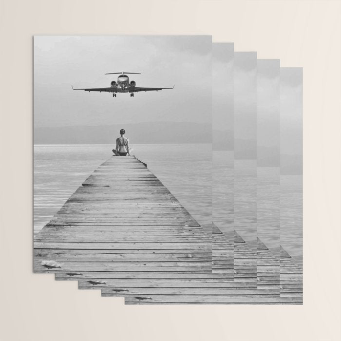 Steady As She Goes 6; aircraft coming in for an island landing female in bikini black and white photography - photographs - photograph Wrapping Paper Gallery Image 3