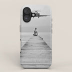 Steady As She Goes 6; aircraft coming in for an island landing female in bikini black and white photography - photographs - photograph iPhone Case Gallery Image 1