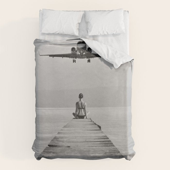 Steady As She Goes 6; aircraft coming in for an island landing female in bikini black and white photography - photographs - photograph Duvet Cover Gallery Image 6