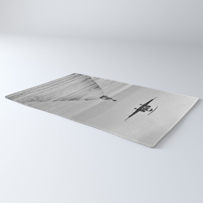 Steady As She Goes 6; aircraft coming in for an island landing female in bikini black and white photography - photographs - photograph Rug Gallery Image 3