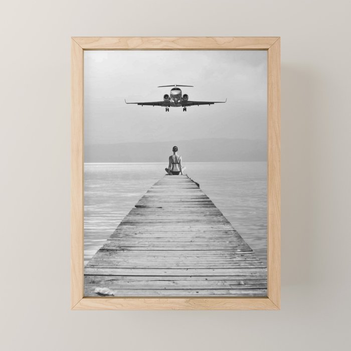 Steady As She Goes 6; aircraft coming in for an island landing female in bikini black and white photography - photographs - photograph Mini Art Print Gallery Image 1