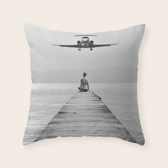 Steady As She Goes 6; aircraft coming in for an island landing female in bikini black and white photography - photographs - photograph Throw Pillow Gallery Image 1