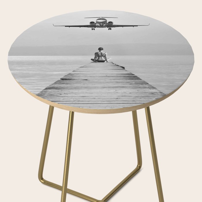 Steady As She Goes 6; aircraft coming in for an island landing female in bikini black and white photography - photographs - photograph Side Table Gallery Image 2