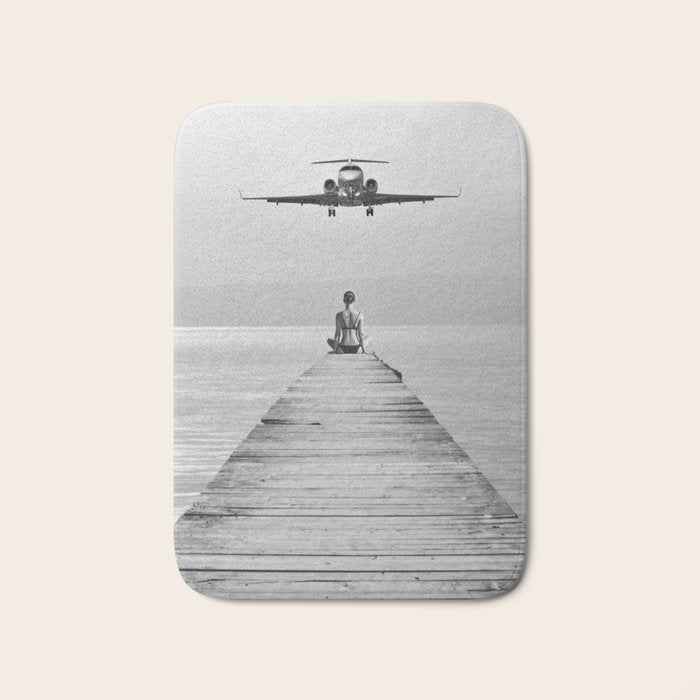 Steady As She Goes 6; aircraft coming in for an island landing female in bikini black and white photography - photographs - photograph Bath Mat Gallery Image 1