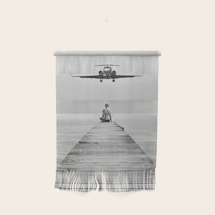 Steady As She Goes 6; aircraft coming in for an island landing female in bikini black and white photography - photographs - photograph Wall Hanging Gallery Image 1