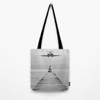 Steady As She Goes 6; aircraft coming in for an island landing female in bikini black and white photography - photographs - photograph Tote Bag Gallery Image 2