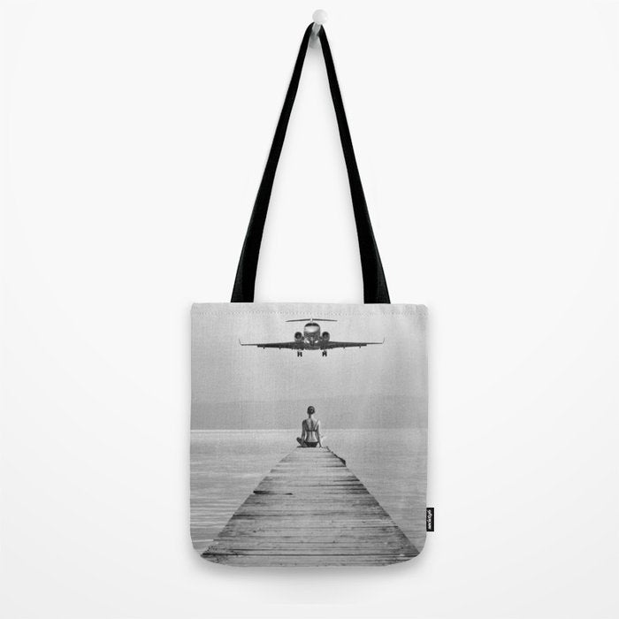 Steady As She Goes 6; aircraft coming in for an island landing female in bikini black and white photography - photographs - photograph Tote Bag Gallery Image 2