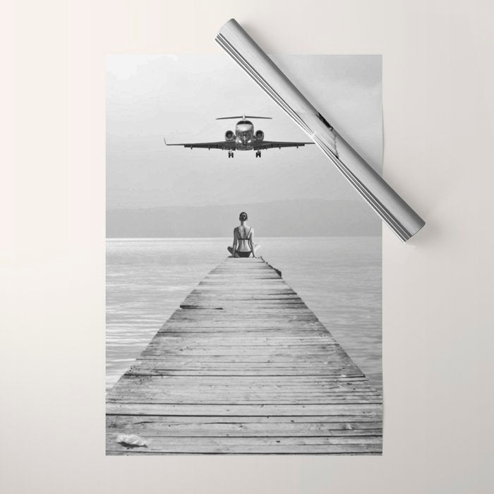 Steady As She Goes 6; aircraft coming in for an island landing female in bikini black and white photography - photographs - photograph Wrapping Paper Gallery Image 1