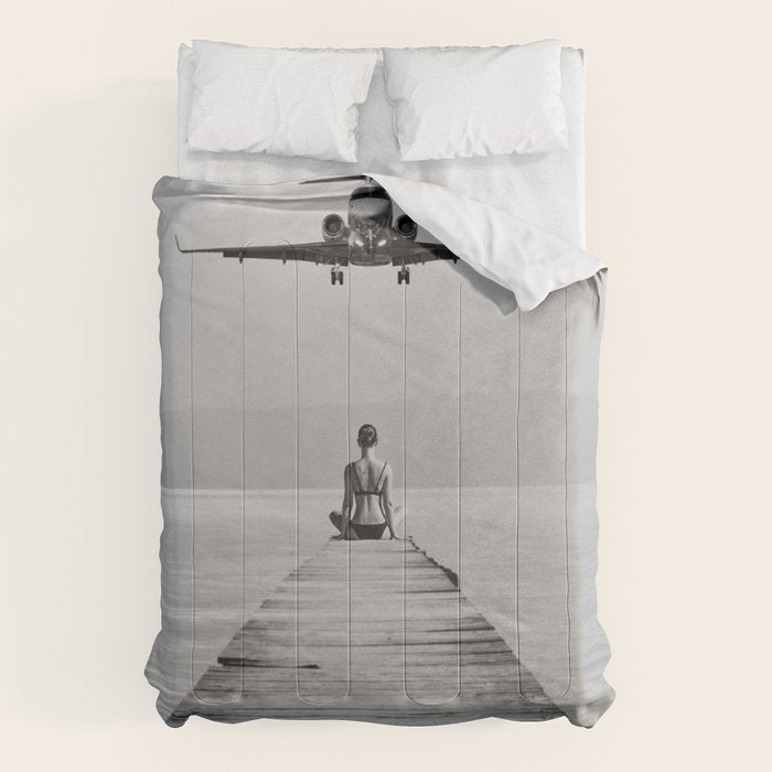 Steady As She Goes 6; aircraft coming in for an island landing female in bikini black and white photography - photographs - photograph Comforter Gallery Image 6