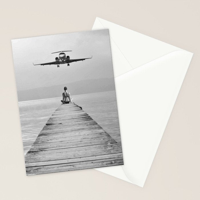 Steady As She Goes 6; aircraft coming in for an island landing female in bikini black and white photography - photographs - photograph Stationery Card Gallery Image 2