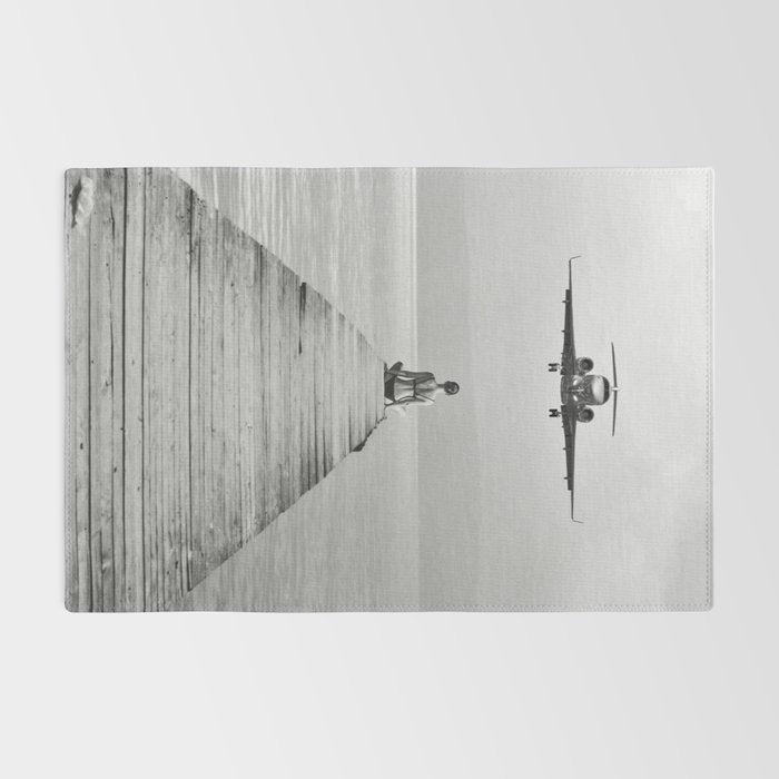 Steady As She Goes 6; aircraft coming in for an island landing female in bikini black and white photography - photographs - photograph Rug Gallery Image 2