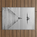 Steady As She Goes 6; aircraft coming in for an island landing female in bikini black and white photography - photographs - photograph Outdoor Rug Gallery Image 1