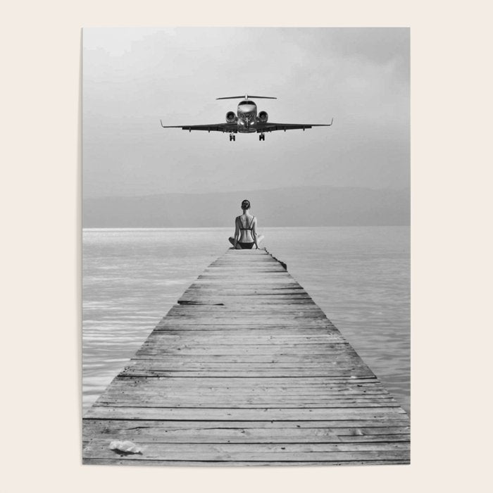 Steady As She Goes 6; aircraft coming in for an island landing female in bikini black and white photography - photographs - photograph Poster Gallery Image 1