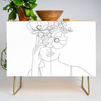 Minimal Line Art Woman with Flowers II Credenza Gallery Image 1