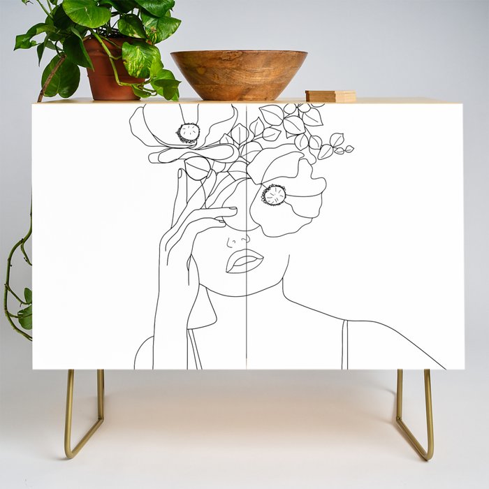 Minimal Line Art Woman with Flowers II Credenza Gallery Image 1