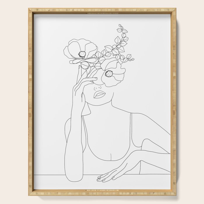 Minimal Line Art Woman with Flowers II Serving Tray Gallery Image 1
