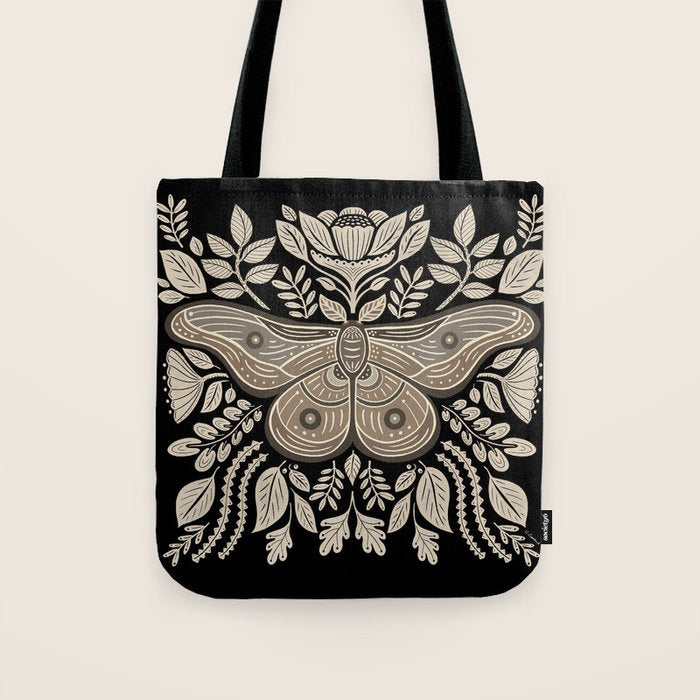 Moth Floral | Black & Brown Tote Bag Gallery Image 1
