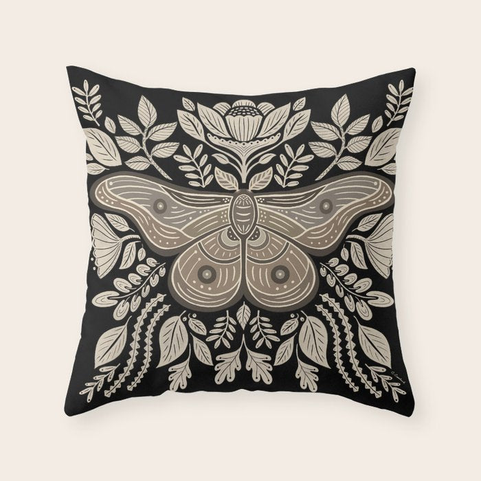 Moth Floral | Black & Brown Throw Pillow Gallery Image 1