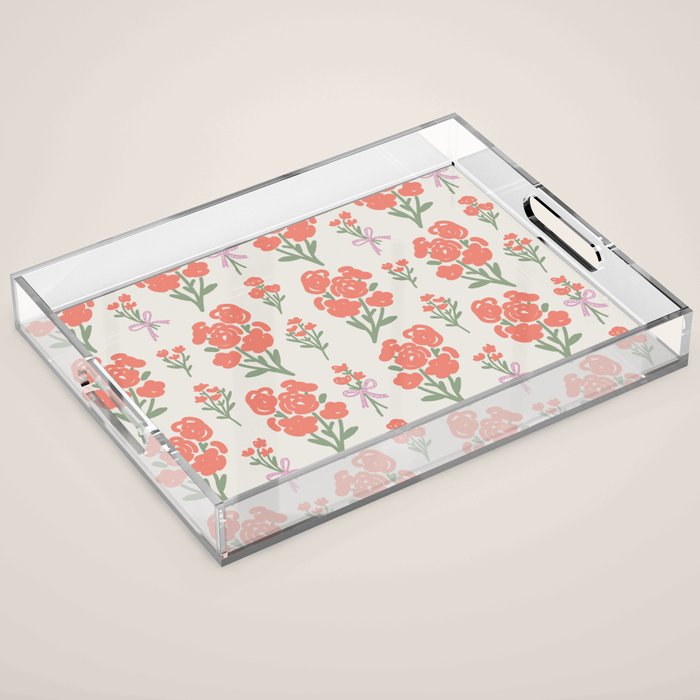 Preppy Grandmillennial Cute Red Flowers Acrylic Tray Gallery Image 1