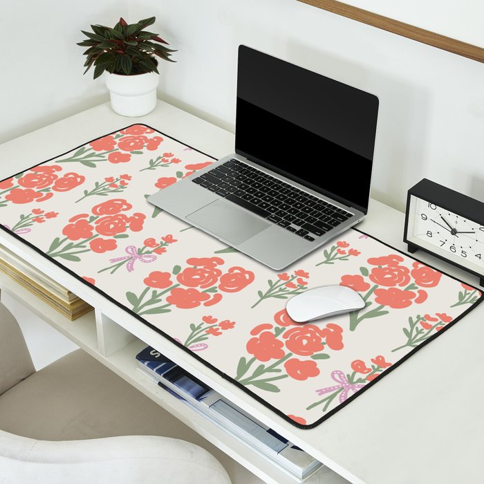 Preppy Grandmillennial Cute Red Flowers Desk Mat Gallery Image 2