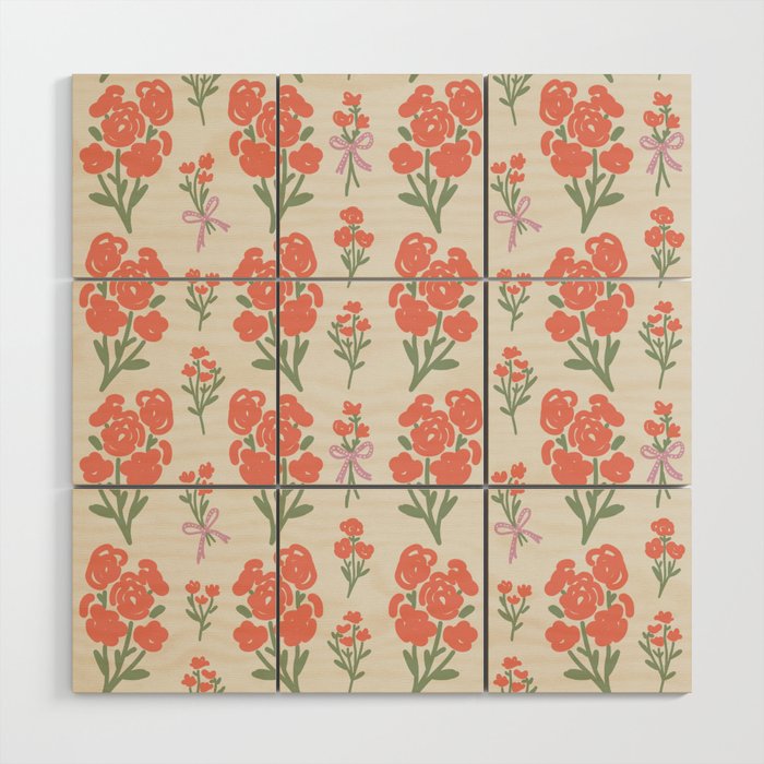 Preppy Grandmillennial Cute Red Flowers Wood Wall Art Gallery Image 1