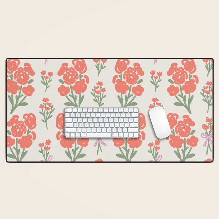 Preppy Grandmillennial Cute Red Flowers Desk Mat Gallery Image 1