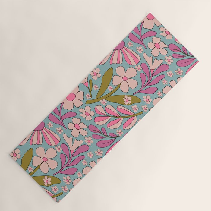Retro Groovy - 70's Blue Floral Pattern Yoga Mat Gallery Image 1